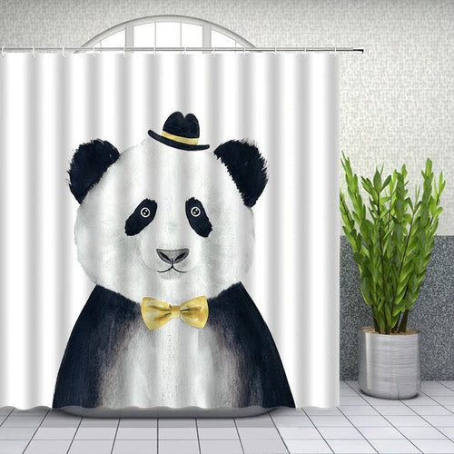 Painted black and white panda in a small hat and mustard bow tie