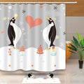 Two black and white penguins in party hats facing each other over snow