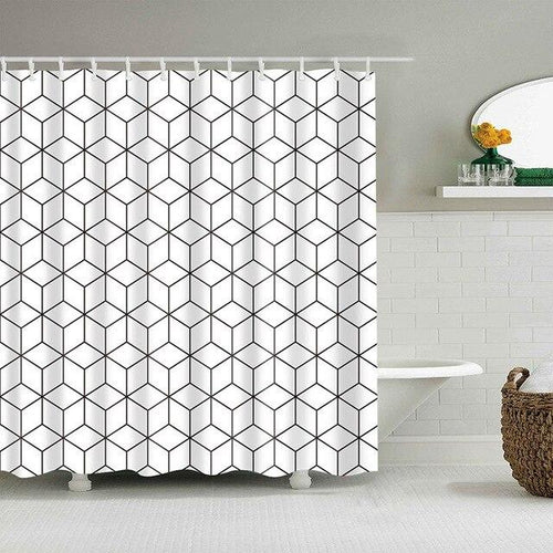 Fine black lines drawing diamonds and cubes across a white ground