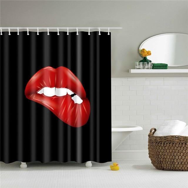 Large mouth with red lips biting the lower lip centred on matt black