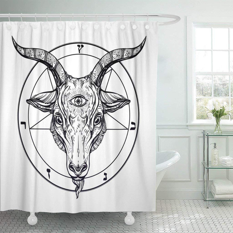 Line drawn goat head with a third eye above an inverted pentagram
