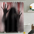 Blurred figure and pressed hands behind grey fabric streaked with red