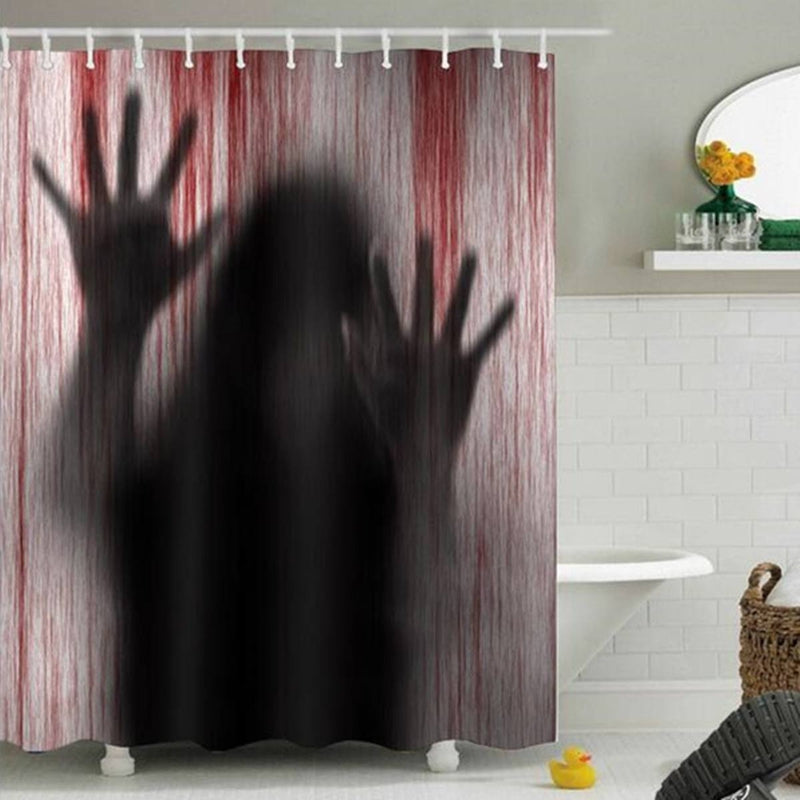 Blurred figure and pressed hands behind grey fabric streaked with red