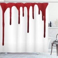 Dark red drips running from the top hem down a plain white panel