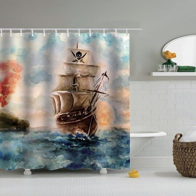 Brown sailing ship riding a choppy blue green sea in watercolour style