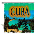 Bright orange CUBA lettering outlined in black over a turquoise lagoon