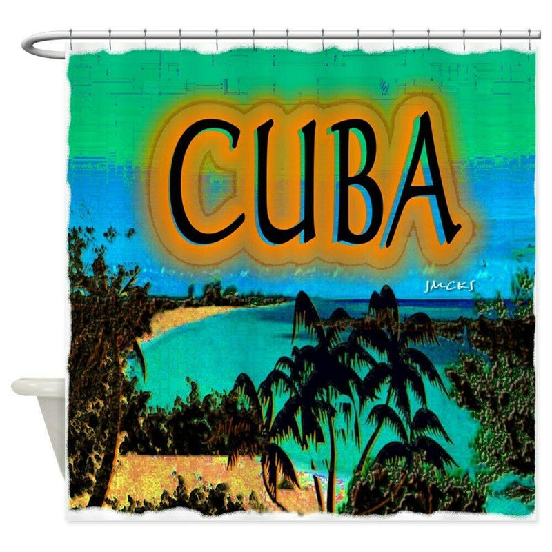 Bright orange CUBA lettering outlined in black over a turquoise lagoon