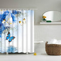 Blue irises and white flowers with blue and yellow butterflies above still water