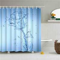 Rose sculpted from splashing water with suspended droplets on a light blue gradient