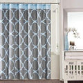 Light blue quatrefoil trellis on grey with a blue band across the top
