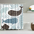 Drawn blue grey whales repeating with dots ripples and dashes on white