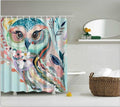 Watercolour owl in pink and turquoise among daisies on a faded pale blue wash