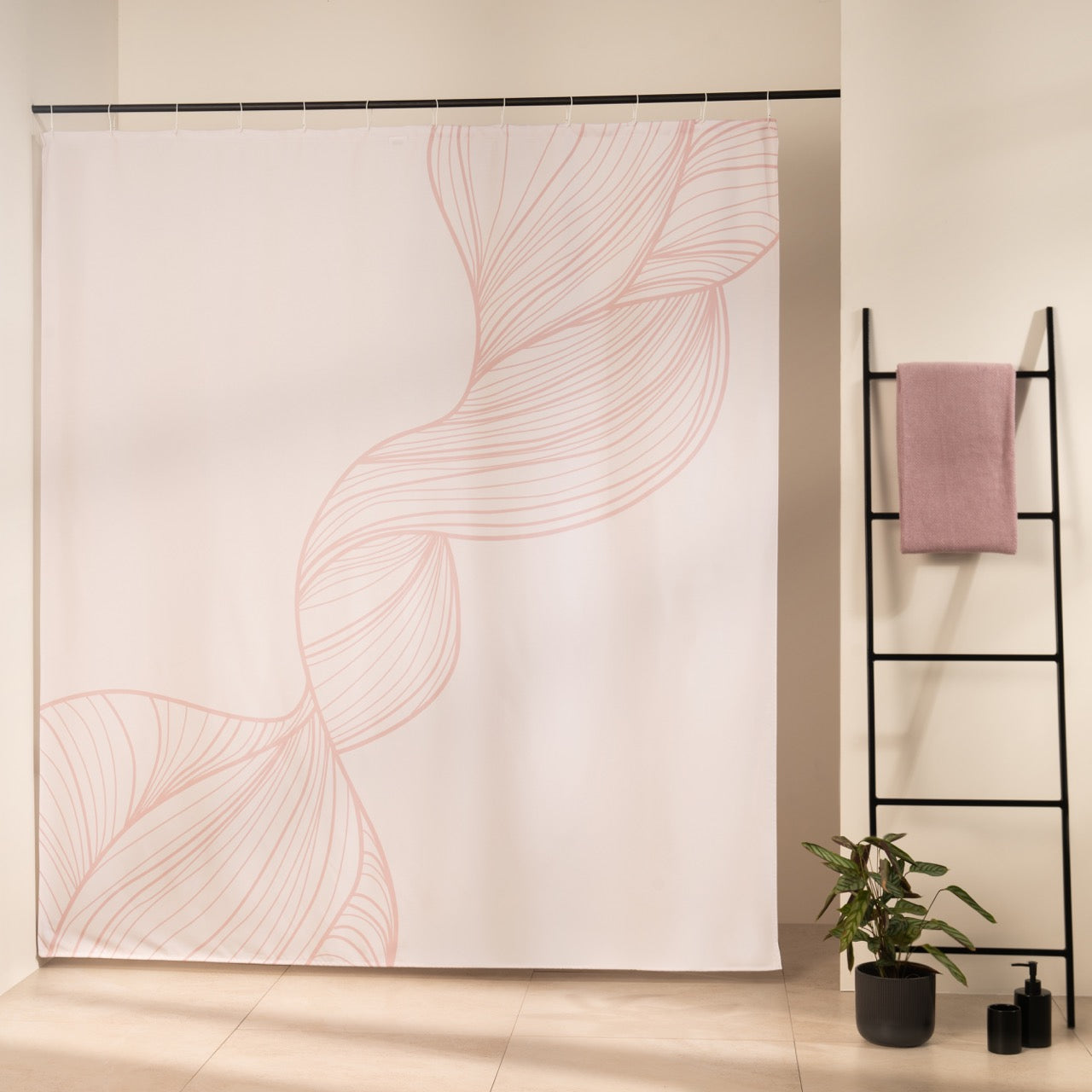 Two ribbons of fine powder pink lines sweeping corner to corner on white