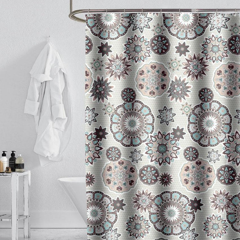 Large mandala medallions in grey turquoise and burgundy on warm cream