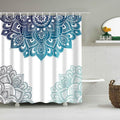 Navy and turquoise half mandalas framing a large pale grey mandala on white