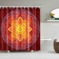 Large floral mandala with red orange and yellow petals on textured garnet red