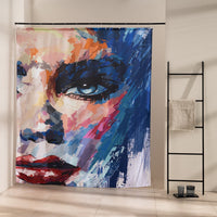 Painted portrait in flat royal blue, red, orange and white on the panel