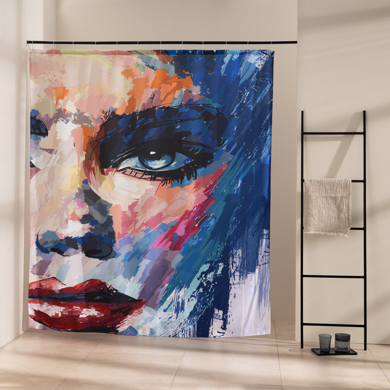 Painted portrait in flat royal blue, red, orange and white on the panel