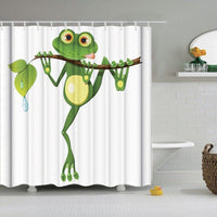 Drawn green frog hanging by its mouth from a branch on bare white
