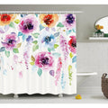 Large fuchsia violet and orange watercolour flowers with drips high on the panel
