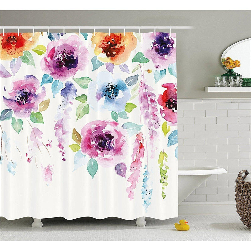 Large fuchsia violet and orange watercolour flowers with drips high on the panel
