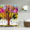 Stylised tree on saturated fuchsia yellow and turquoise with black butterflies in flight