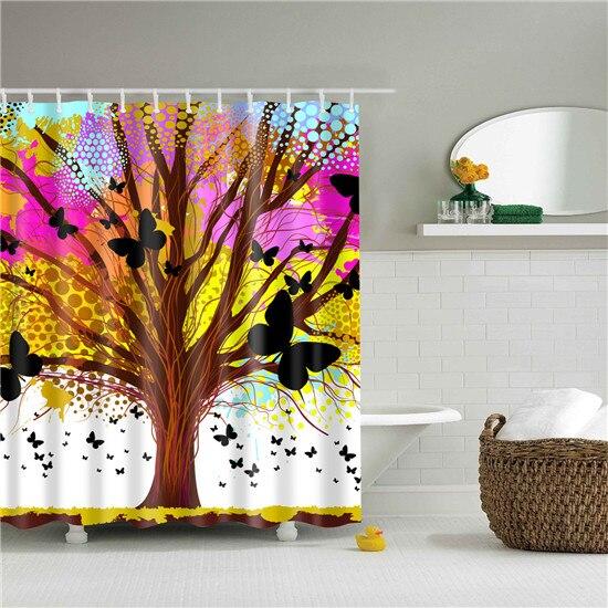 Stylised tree on saturated fuchsia yellow and turquoise with black butterflies in flight