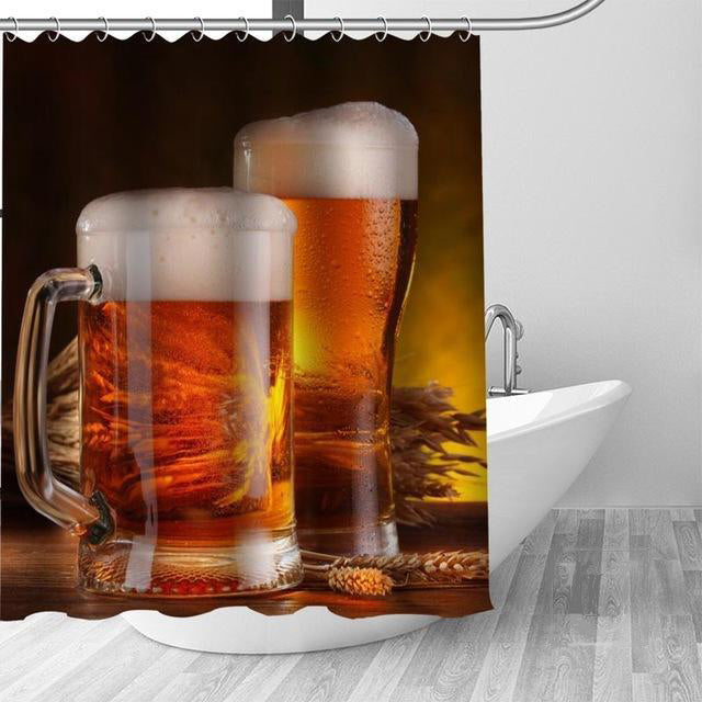 Two amber beer steins with creamy foam heads and golden wheat ears