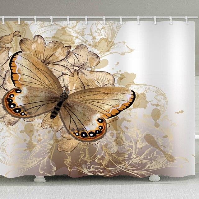 Golden brown butterfly with eye spotted wings on sandy beige with sepia scrolls