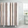 Wide chocolate, taupe and cream stripes running vertically on white