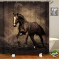 Bay horse galloping across a sepia brown gradient on softly draped fabric