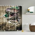 Tyrannosaurus bursting jaws open through a shattered beige wall on blurred brown