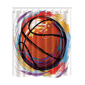 Orange basketball ringed by broad red blue and yellow brush strokes on white