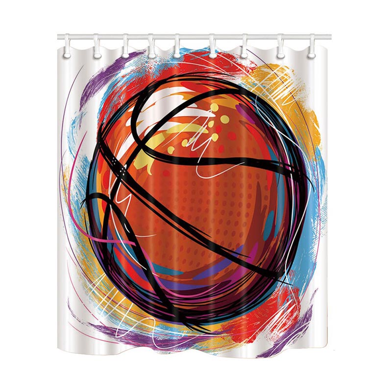 Orange basketball ringed by broad red blue and yellow brush strokes on white