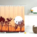 Burnt orange sky with a large white sun and red brown tree silhouettes
