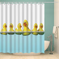 Six yellow rubber ducks lined up above a pale blue waterline on white