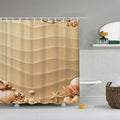 Rippled beige sand with shells conches and a starfish lined along the hem