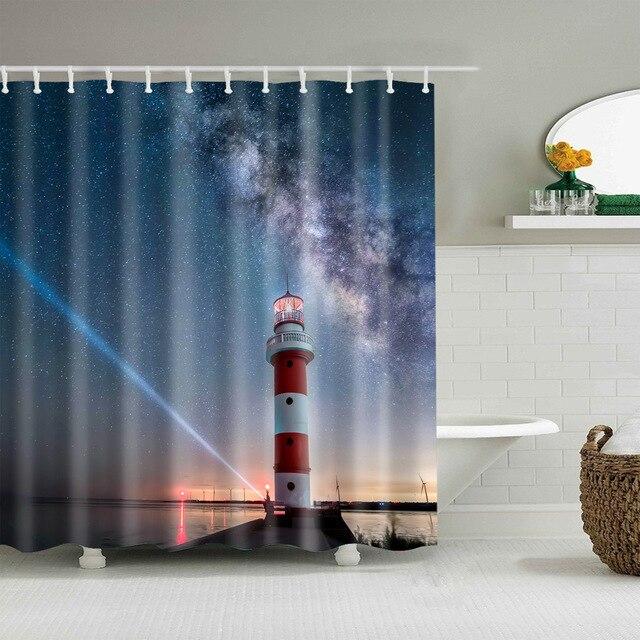 Red and white striped lighthouse casting its beam under a starry violet sky
