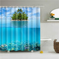 Tropical island with palms above turquoise sea and a coral reef seen underwater