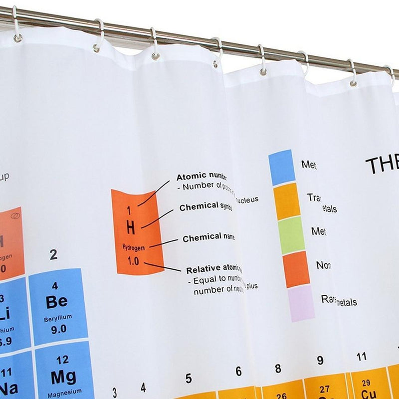 Full length periodic table curtain hanging in a bright bathroom