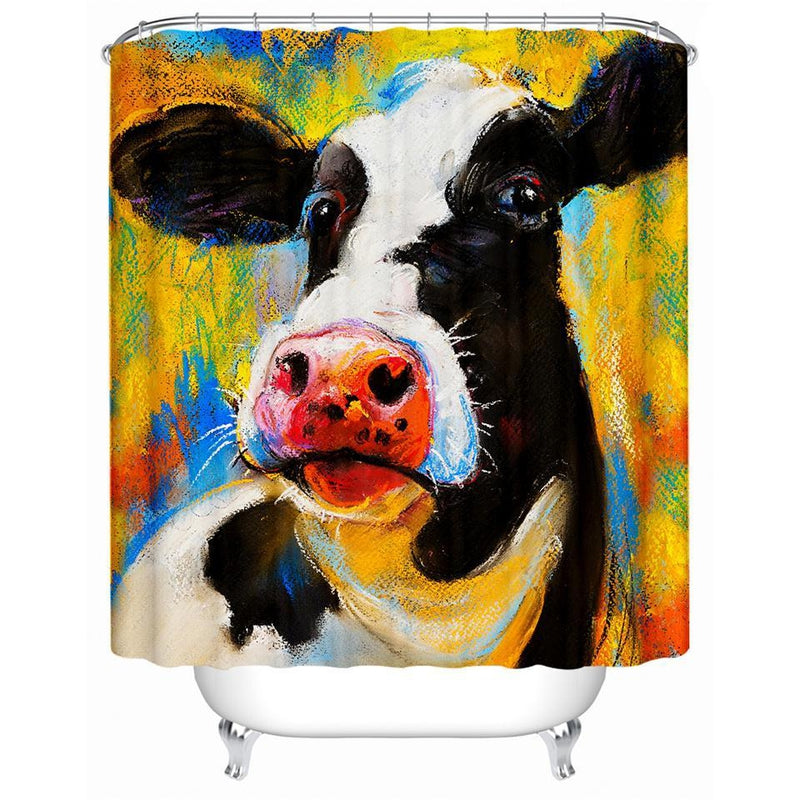 Bright yellow ground streaked with blue and orange behind the cow