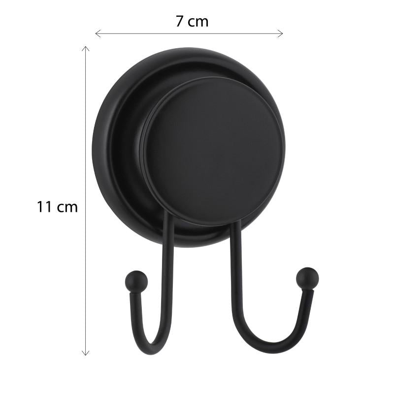 Compact double hook holding two towels in a narrow wall space