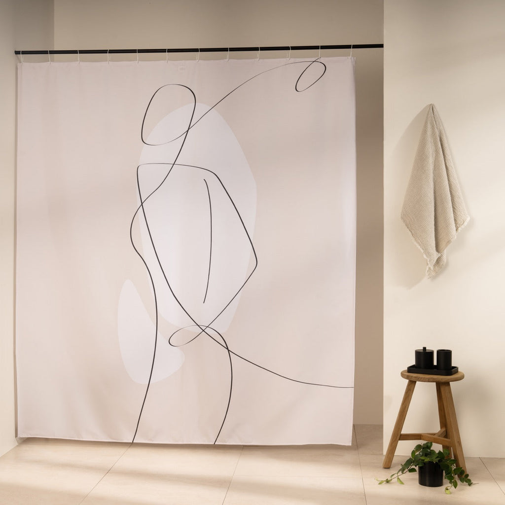 Female figure traced in one continuous black line over pale grey ovals