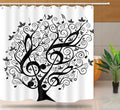 Black graphic tree with treble clefs and musical notes in place of leaves