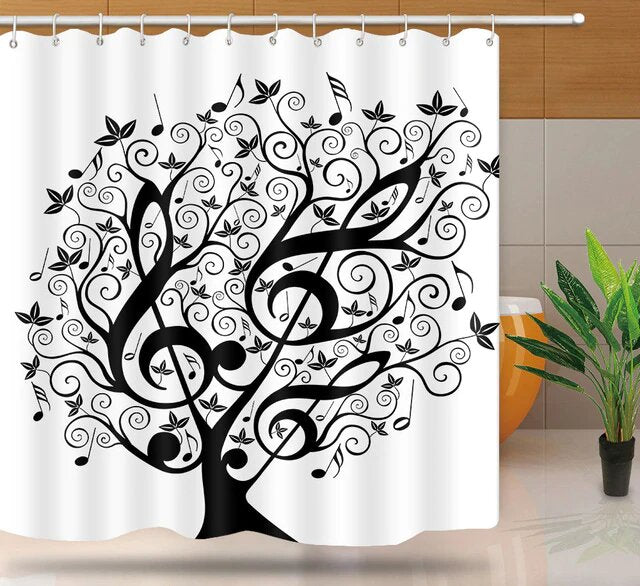 Black graphic tree with treble clefs and musical notes in place of leaves