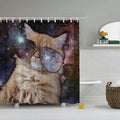 Ginger cat in aviator goggles reflecting nebulae against a dark starred galaxy
