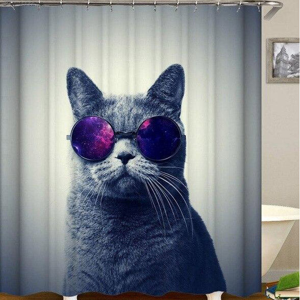 Grey British shorthair cat in round glasses with violet star lenses