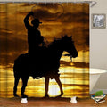 Cowboy on horseback swinging a lasso against a golden sunset sky