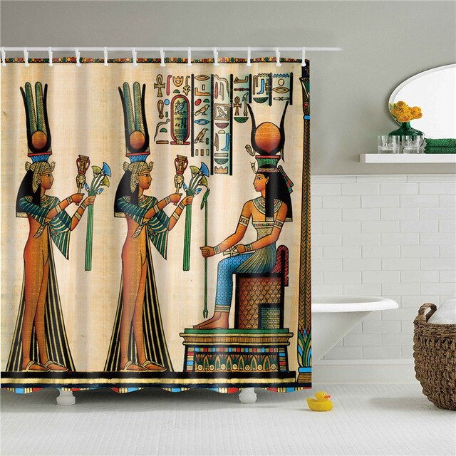 Polychrome Egyptian fresco and hieroglyph frieze printed on a cream papyrus background