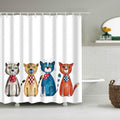 Four watercolour cats in spotted and checked bibs lined up on white